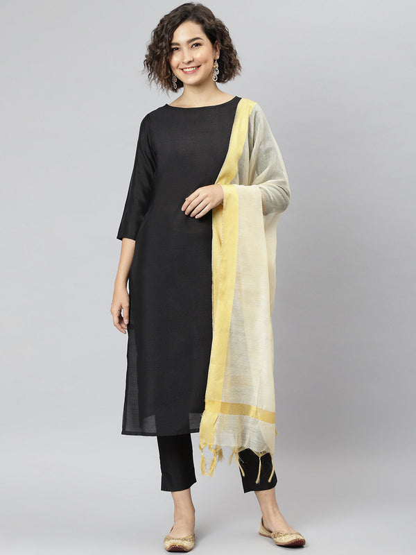 Women's Black Solid Poly Silk  Kurta Set - Janasya