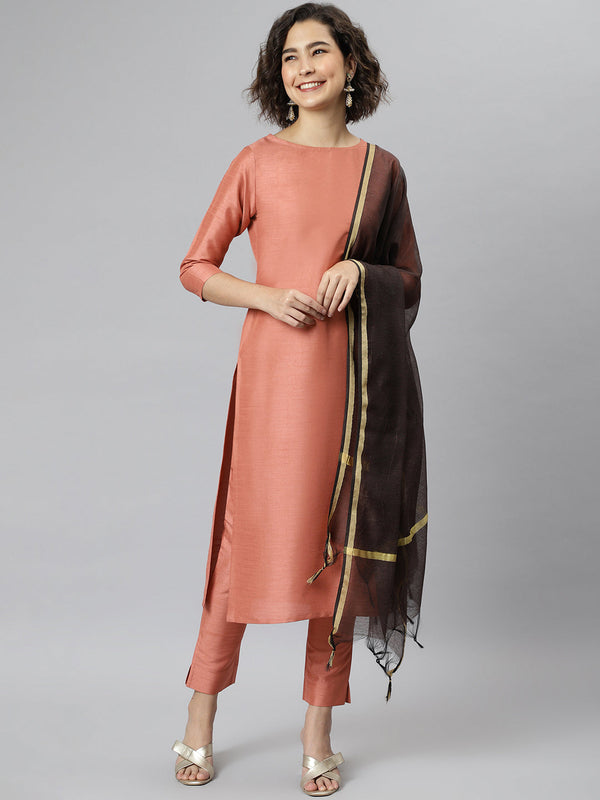 Women's Peach Solid Poly Silk  Kurta Set - Janasya