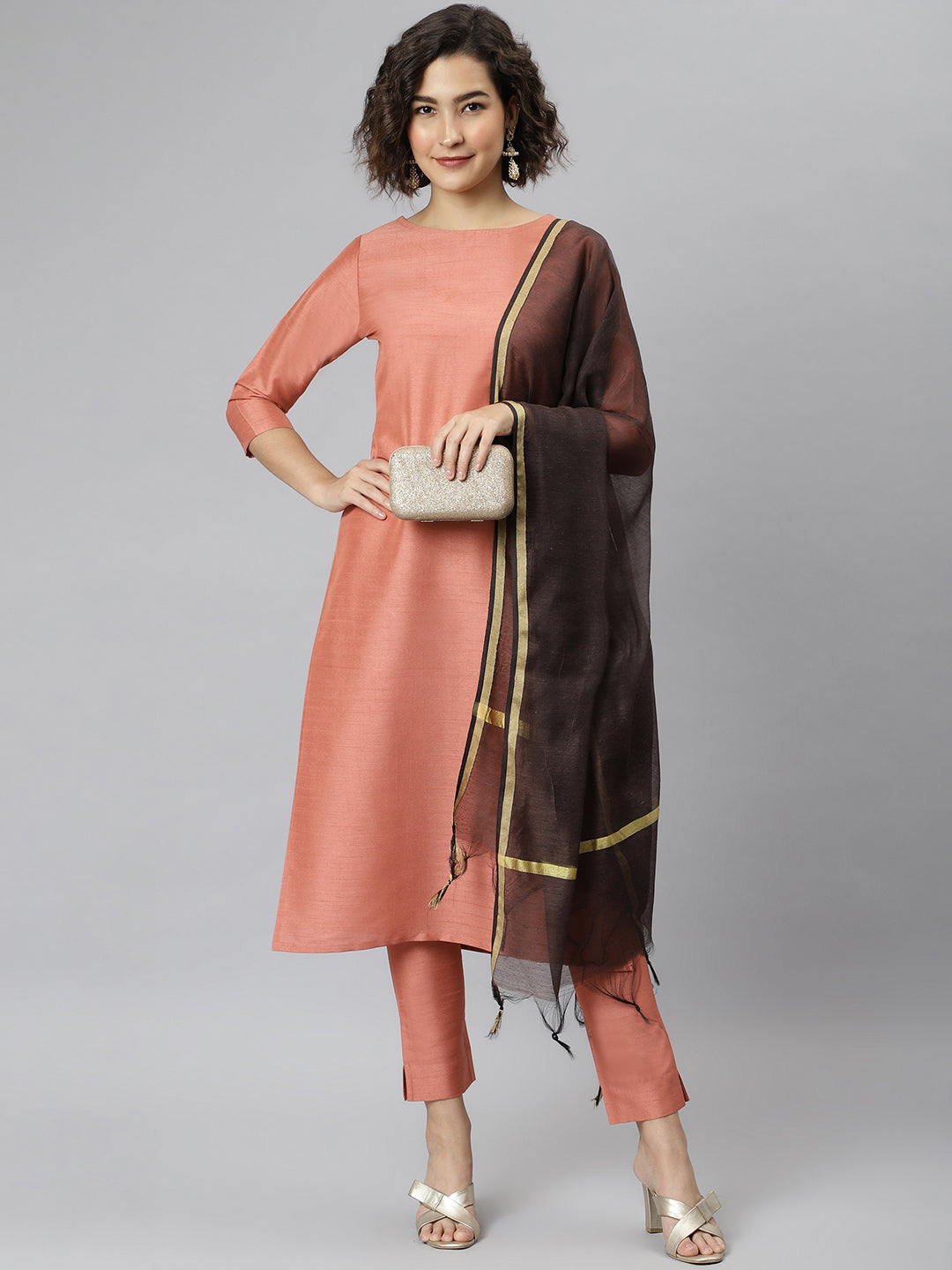 Women's Peach Solid Poly Silk  Kurta Set - Janasya