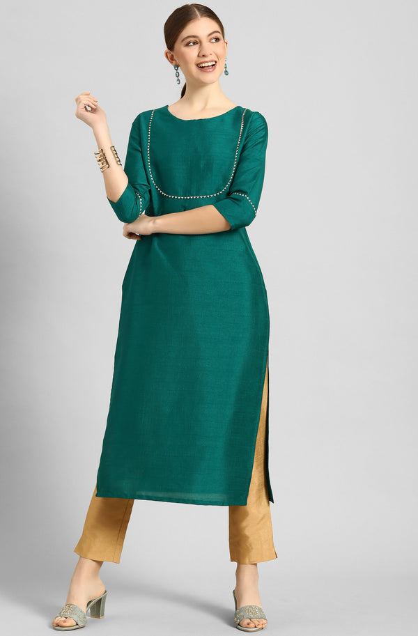 Women's Green Solid Poly Silk  Kurta Set - Janasya