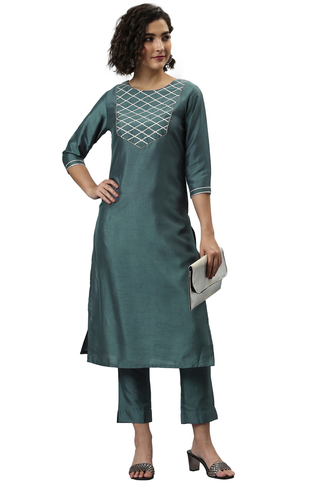 Women's Grey Poly Silk Solid Kurta With Pant - Manohara