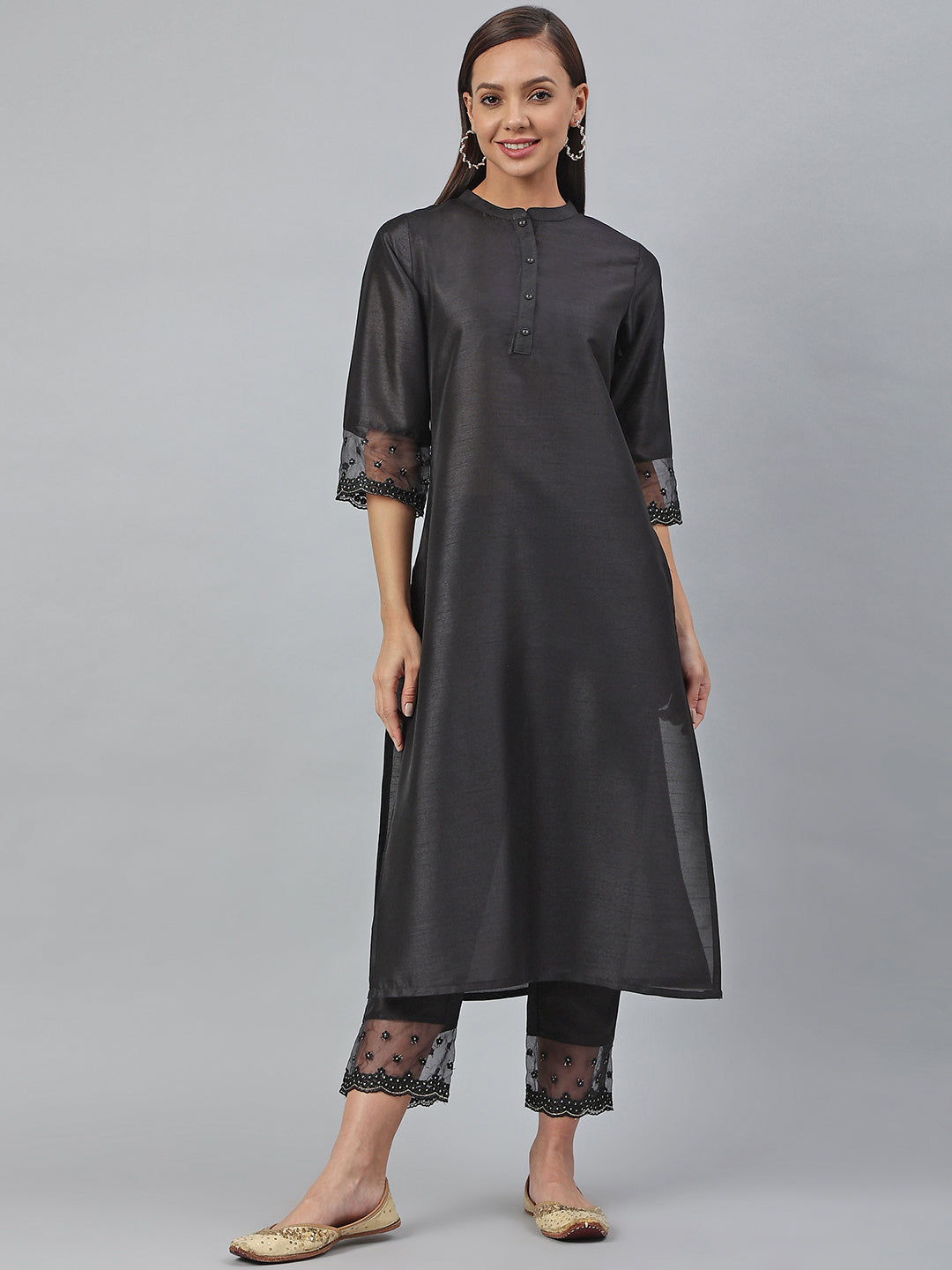 Women's Black Poly Silk Solid Kurta With Pant - Janasya