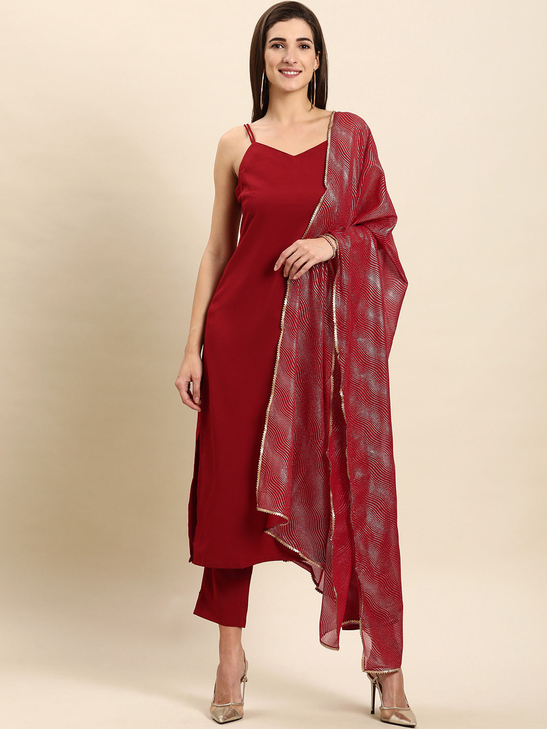 Women's Maroon Poly Crepe Solid Kurta With Pant And Dupatta - Janasya