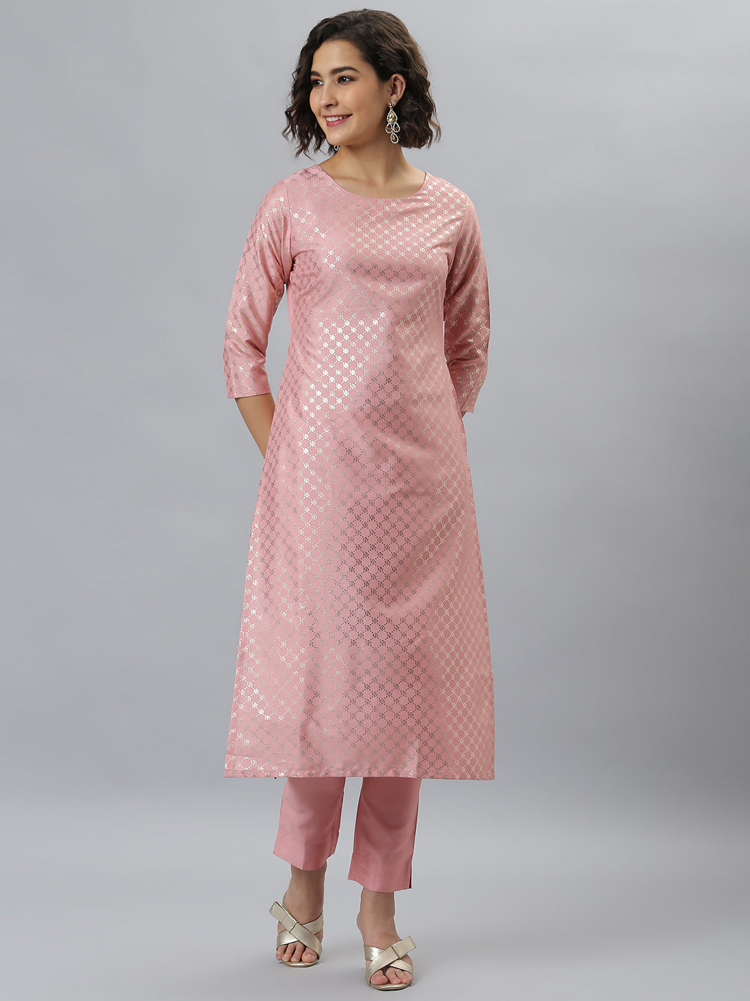 Women's Pink Floral Printed Poly Silk  Kurta Set - Janasya