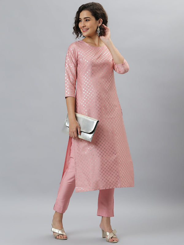 Women's Pink Floral Printed Poly Silk  Kurta Set - Janasya