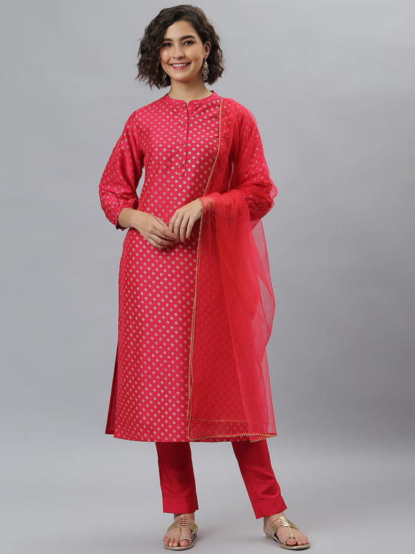 Women's Pink Floral Printed Poly Silk  Kurta Set - Janasya