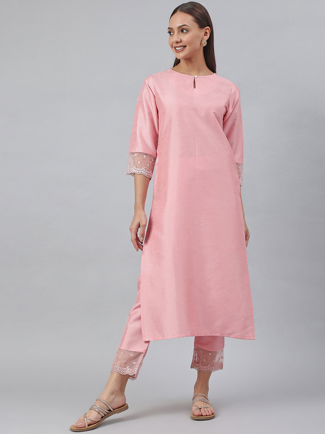 Women's Pink Poly Silk Solid Kurta With Pant - Janasya