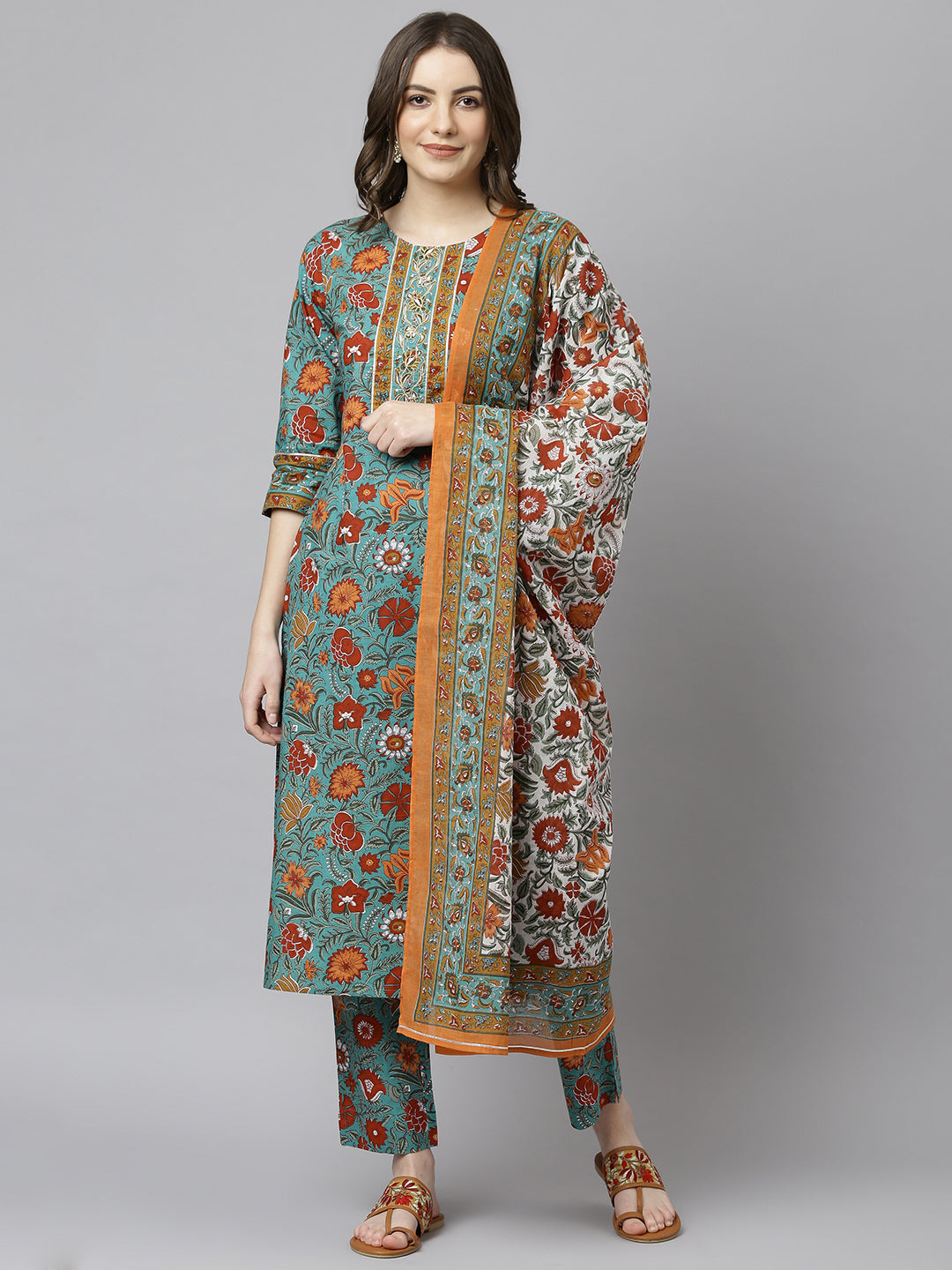 Women's Green Cotton Embroidered Kurta With Pant And Dupatta - Janasya