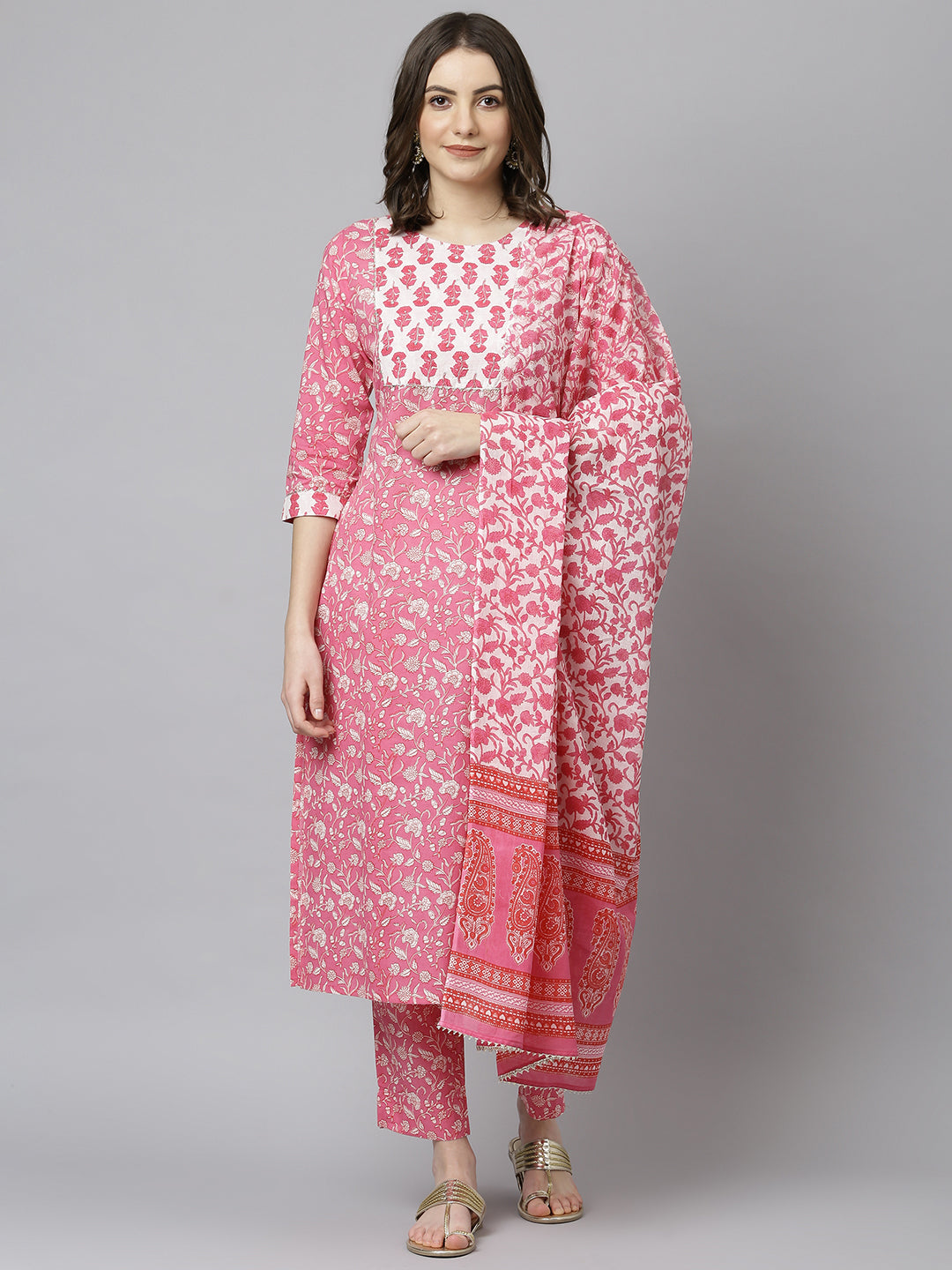 Women's Pink Cotton Floral Print Kurta With Pant And Dupatta - Janasya