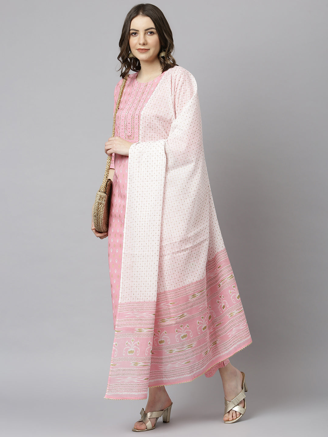 Women's Light Pink Cotton Gold Print Kurta With Pant And Dupatta - Janasya