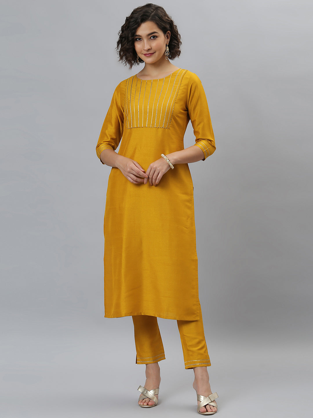 Women's Mustard Solid Poly Silk  Kurta Set - Janasya