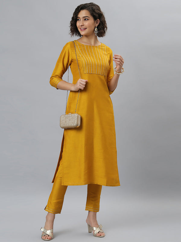 Women's Mustard Solid Poly Silk  Kurta Set - Janasya