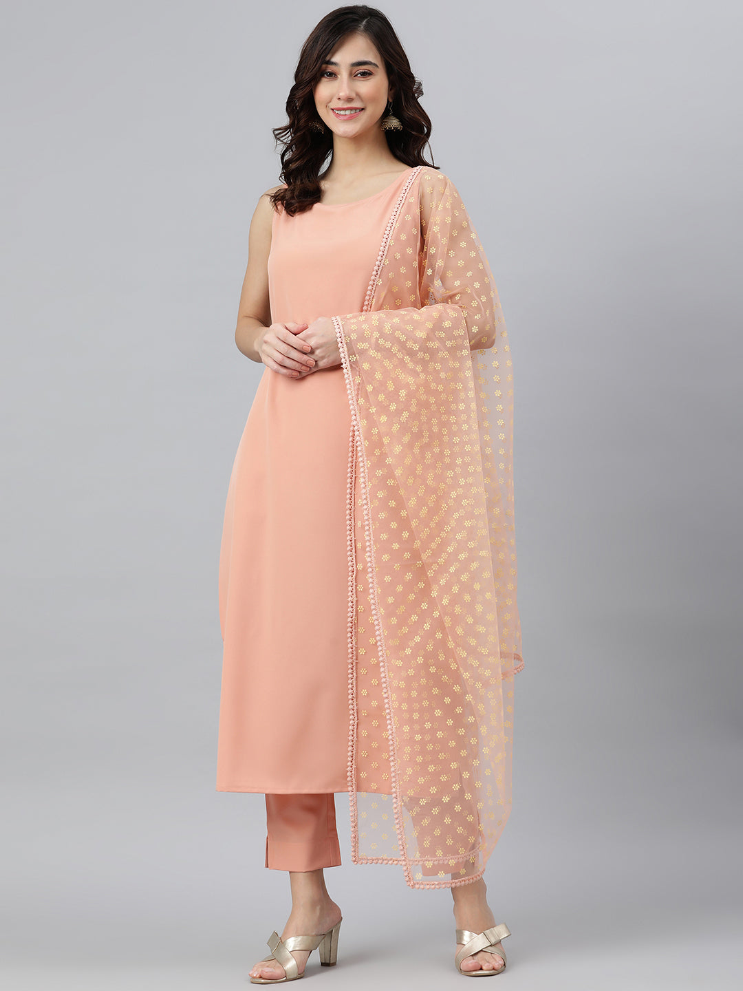 Women's Peach Poly Crepe Solid Kurta With Pant And Dupatta - Janasya