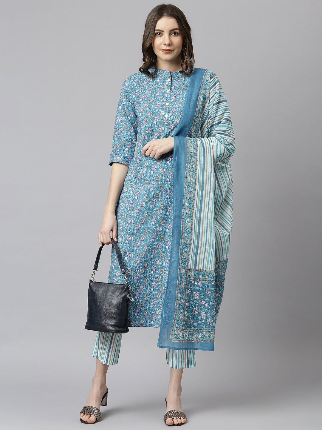 Women's Blue Cotton Floral Print Kurta With Pant And Dupatta - Janasya