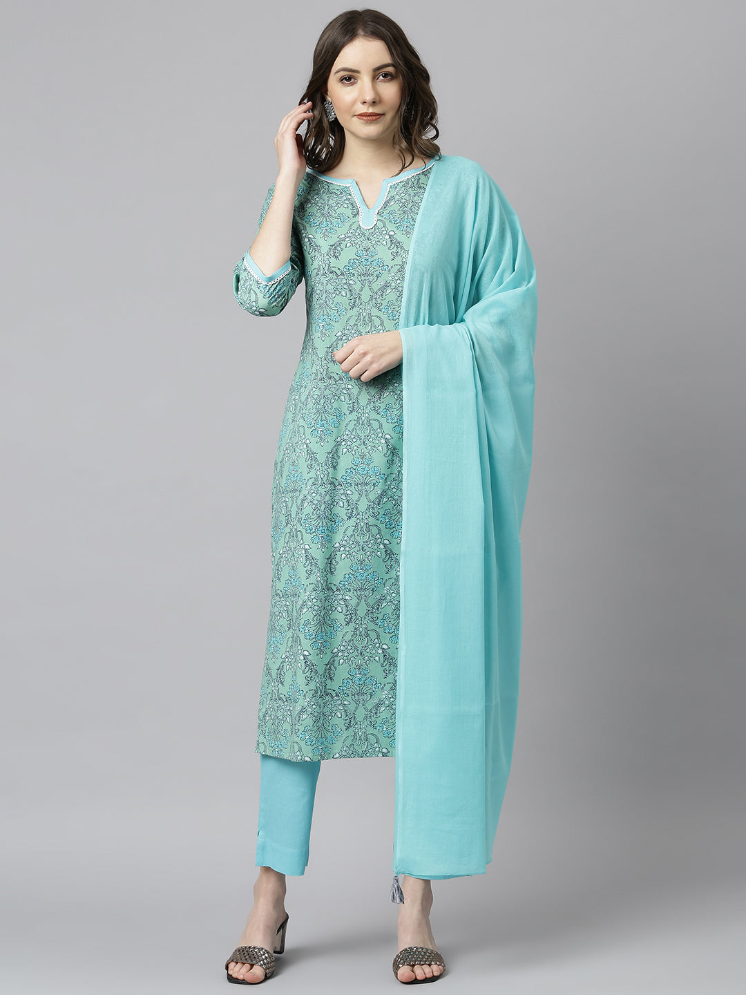 Women's Sea Green Cotton Floral Print Kurta With Pant And Dupatta - Janasya