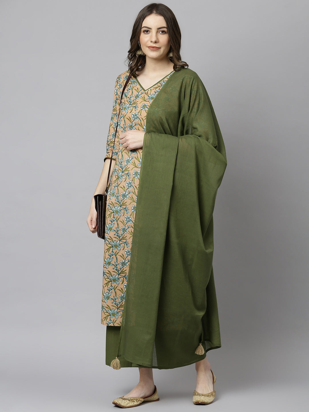 Women's Peach Cotton Floral Print Kurta With Palazzo And Dupatta - Janasya