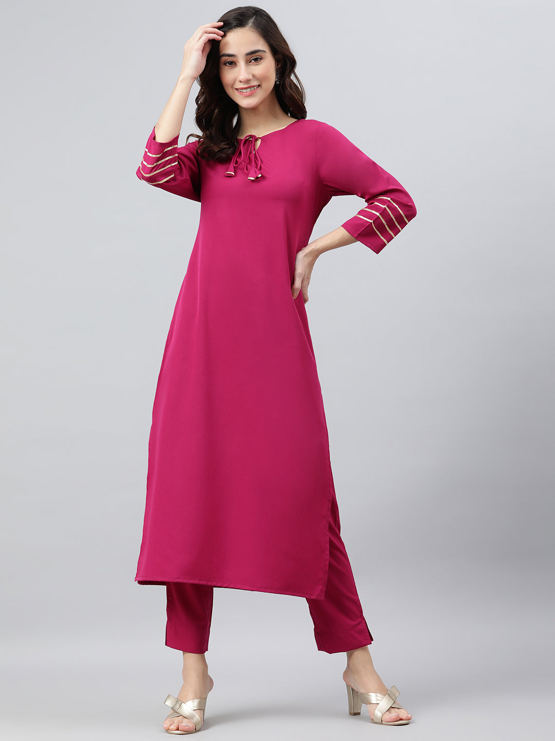 Women's Magenta Poly Crepe Solid Kurta With Pant - Janasya