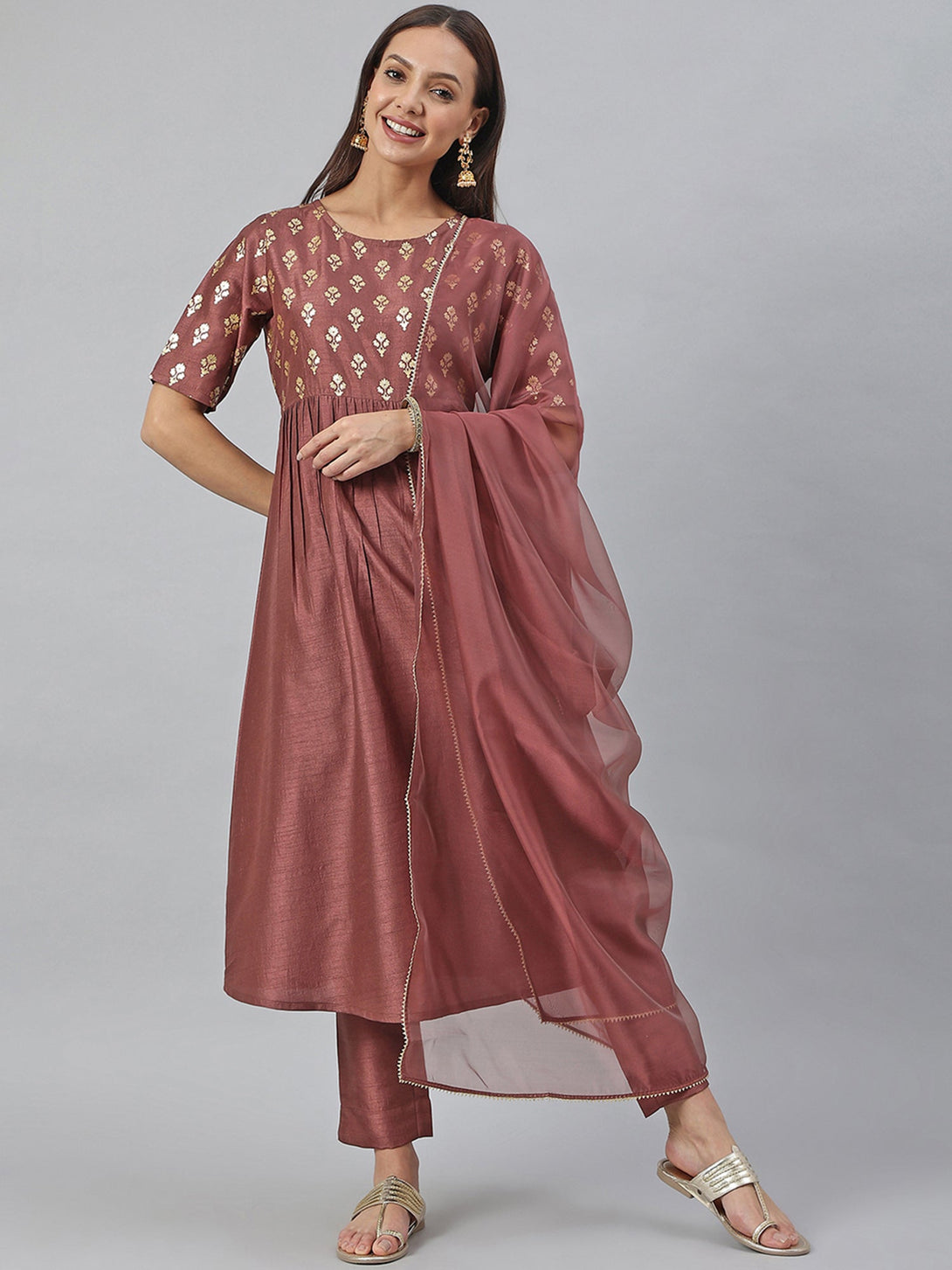 Women's Brown Poly Silk Foil Print Kurta With Pant And Dupatta - Janasya