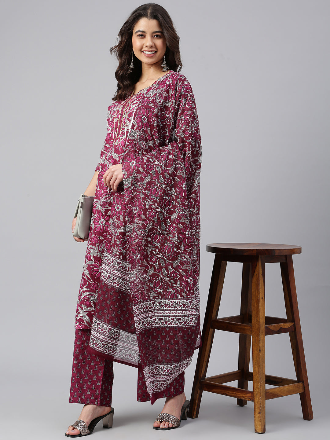 Women's Wine Cotton Floral Print Kurta With Palazzo And Dupatta - Janasya