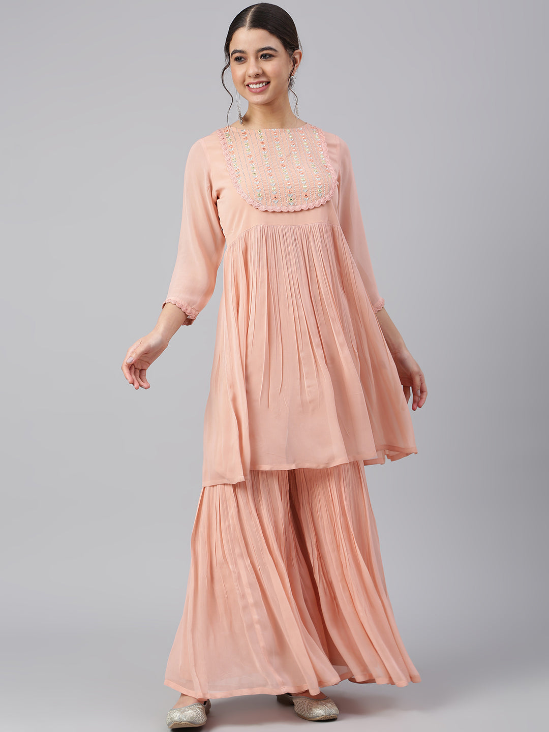 Women's Peach Georgette Thread Work Kurta With Sharara - Janasya