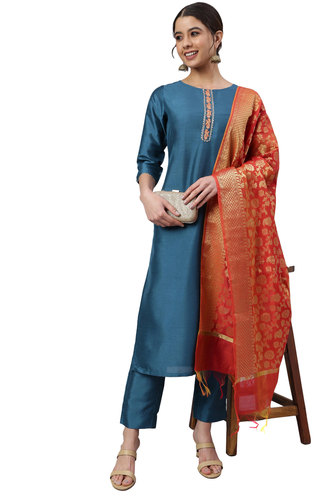 Women's Teal Poly Silk Embellished Kurta With Pant And Dupatta - Manohara