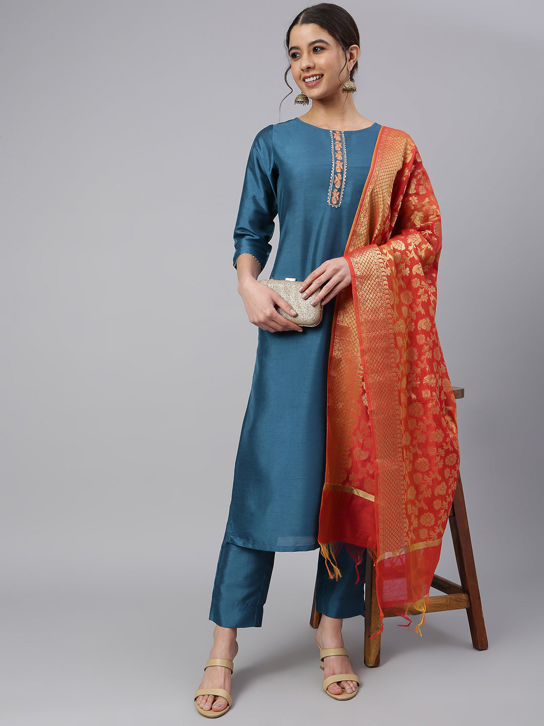 Women's Teal Poly Silk Embellished Kurta With Pant And Dupatta - Janasya