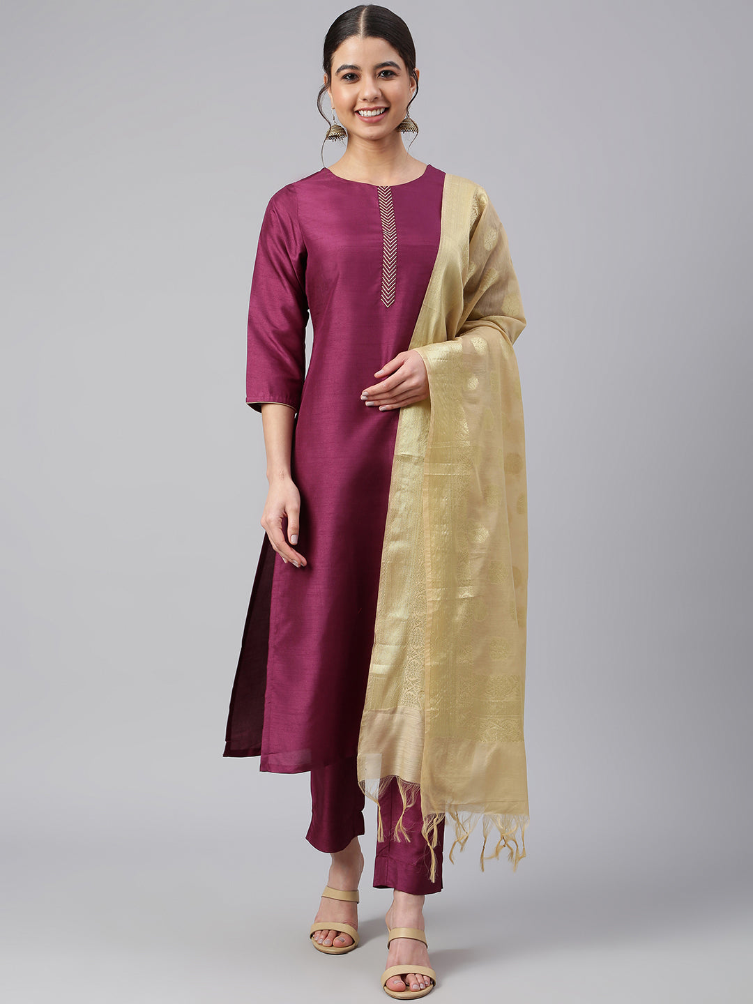 Women's Wine Poly Silk Embellished Kurta With Pant And Dupatta - Janasya