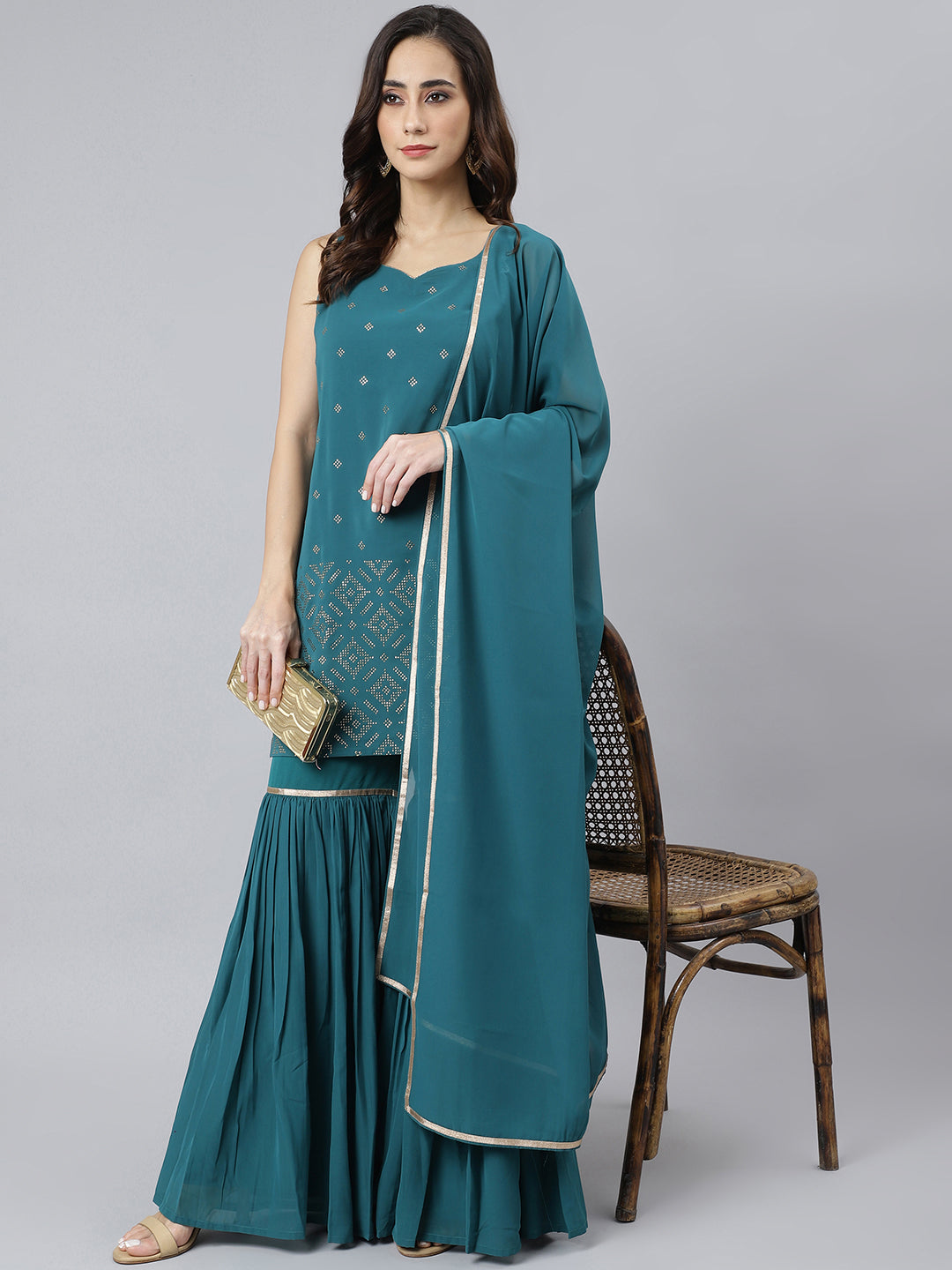 Women's Teal Georgette Embossed Gold Print Top With Gharara And Dupatta - Janasya