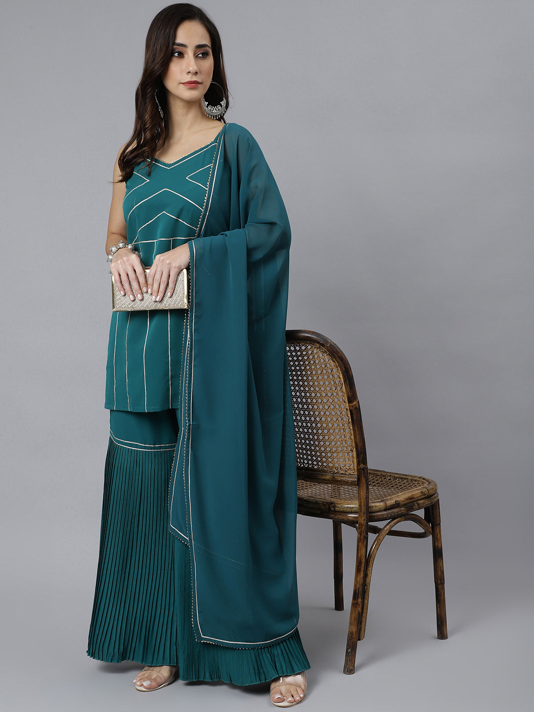 Women's Teal Green Crepe Gotta Lace Kurta With Sharara And Dupatta - Janasya