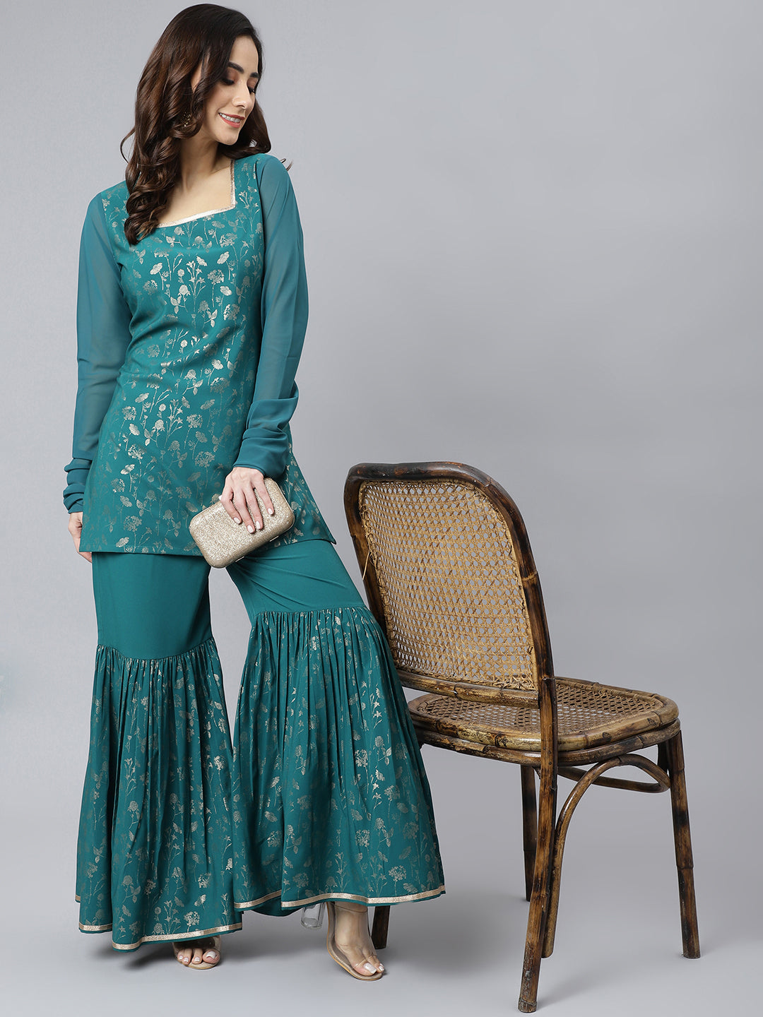 Women's Teal Crepe Gold Print Kurta With Gharara - Janasya