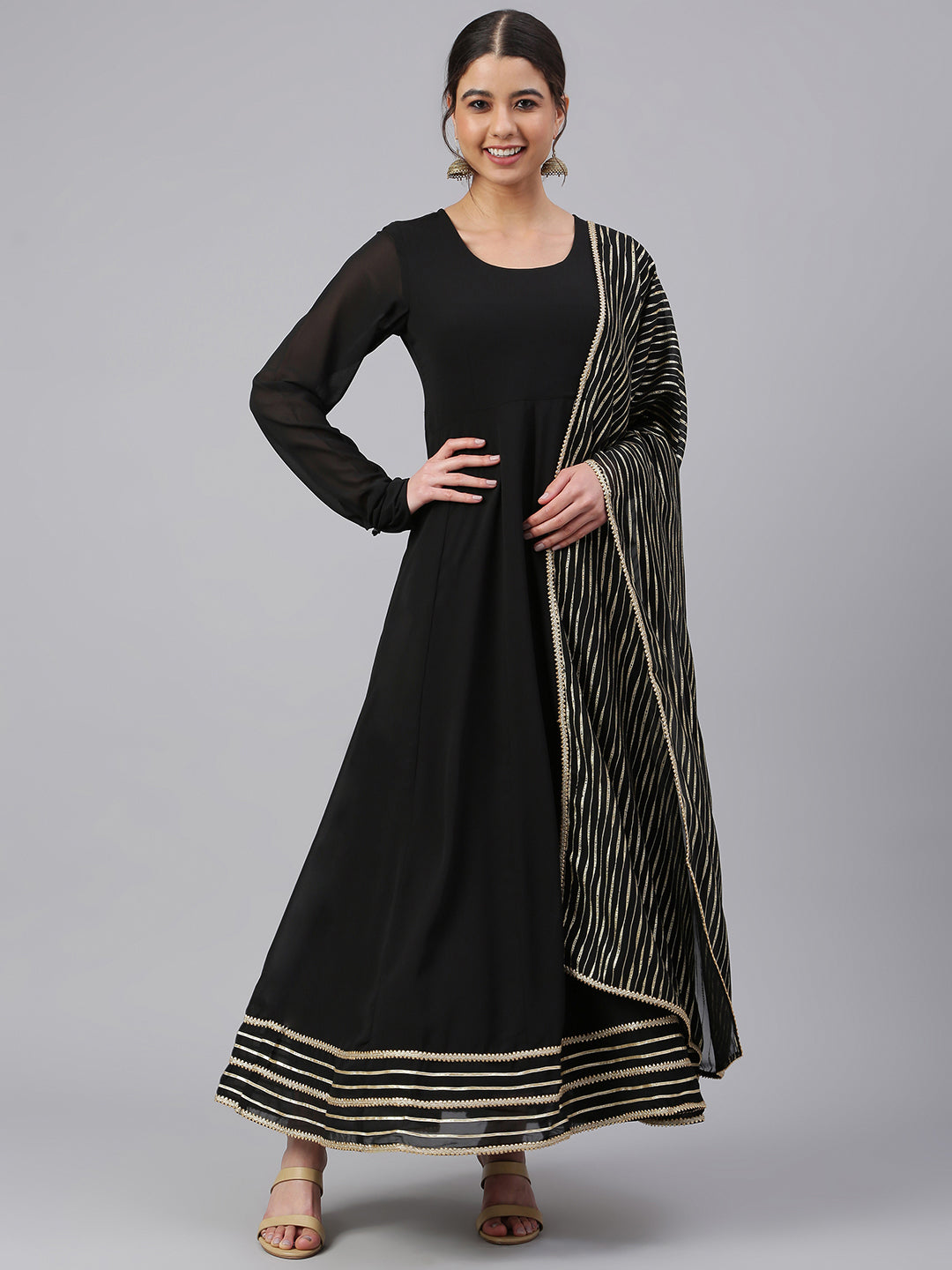 Women's Black Georgette Solid Kurta With Dupatta - Janasya