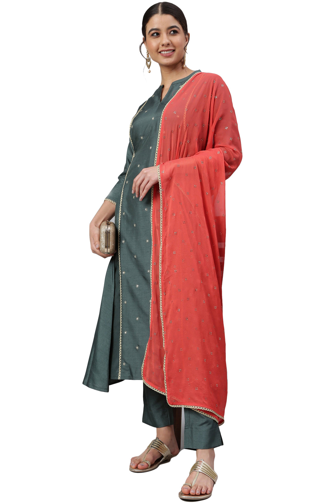 Women's Dark Green Poly Silk Embellished Kurta With Pant And Dupatta - Manohara