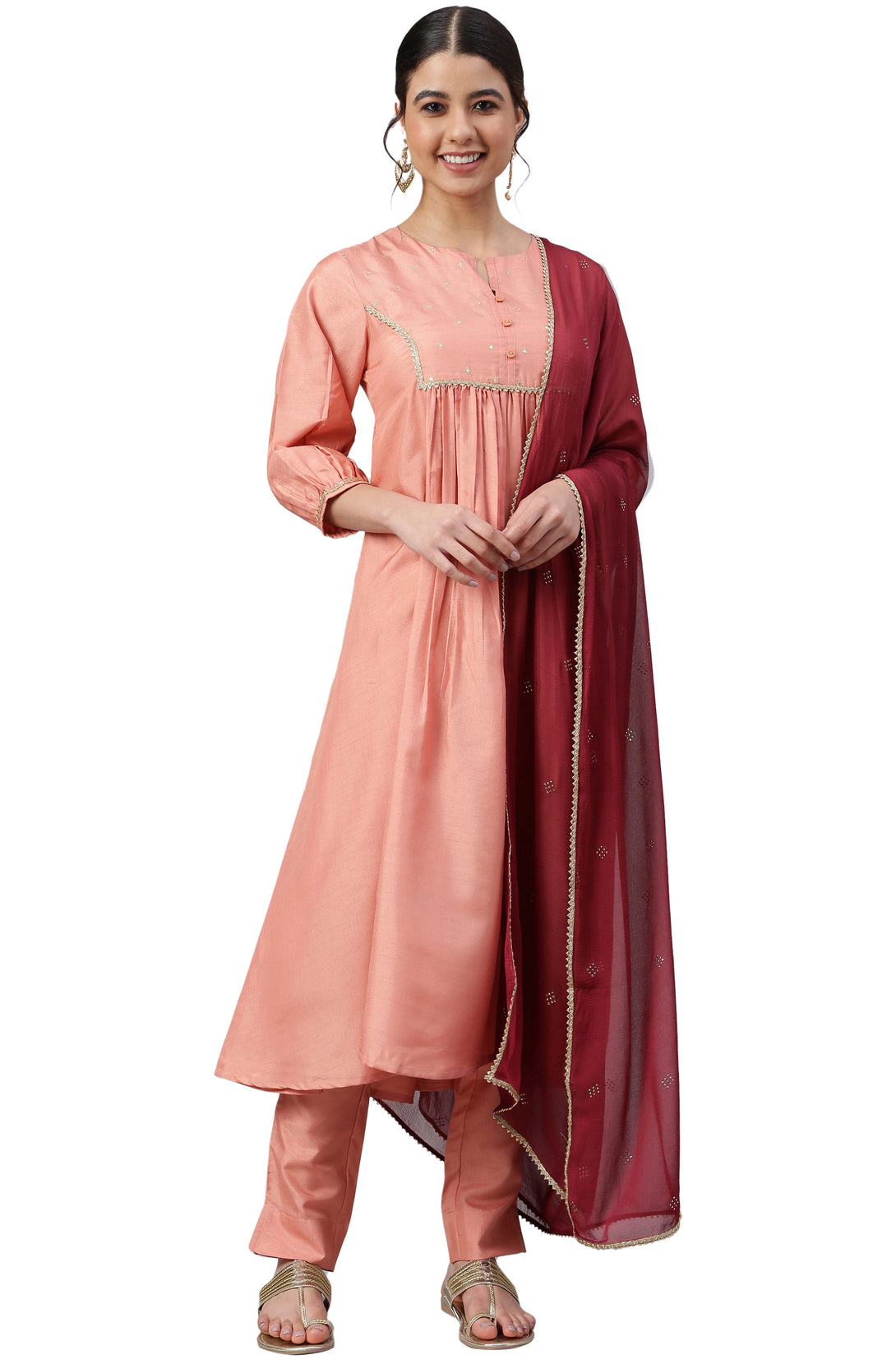 Women's Peach Poly Silk Solid Kurta With Pant And Dupatta - Manohara