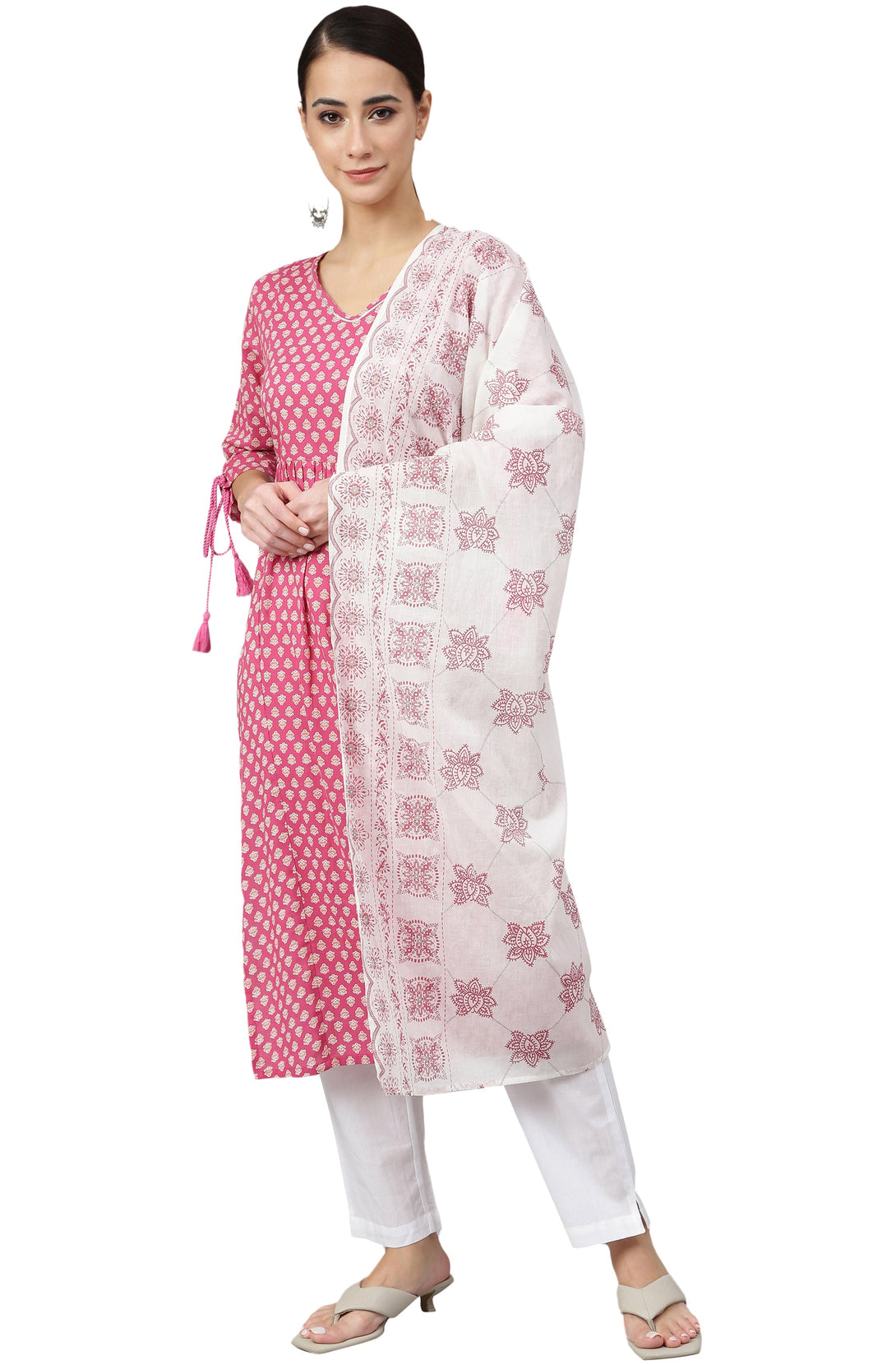 Women's Pink Cotton Block Print Kurta With Pant And Dupatta - Manohara