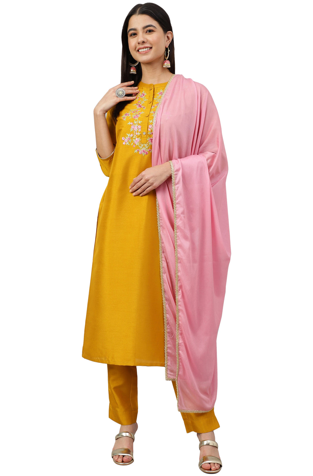 Women's Mustard Poly Silk Solid Kurta With Pant And Dupatta - Manohara