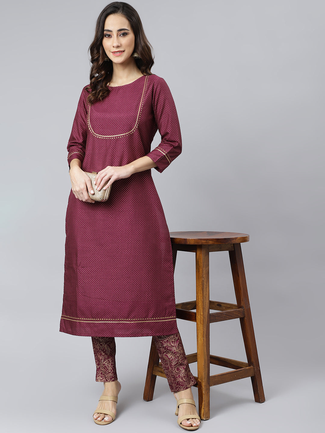 Women's Wine Poly Silk Printed Kurta With Pant - Janasya