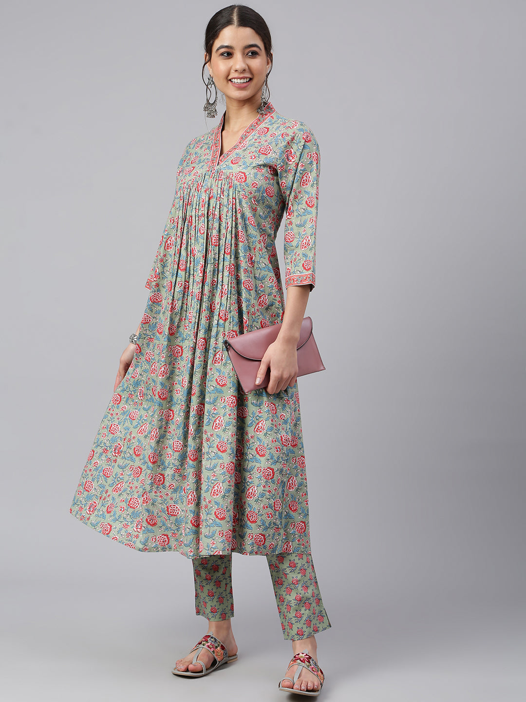 Women's Sea Green Cotton Floral Print Kurta With Pant - Janasya