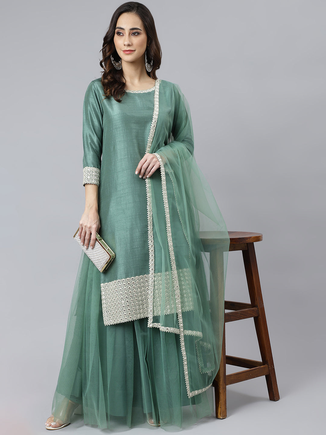 Women's Mint Green Chinon Embroidered Kurta With Skirt And Dupatta - Janasya