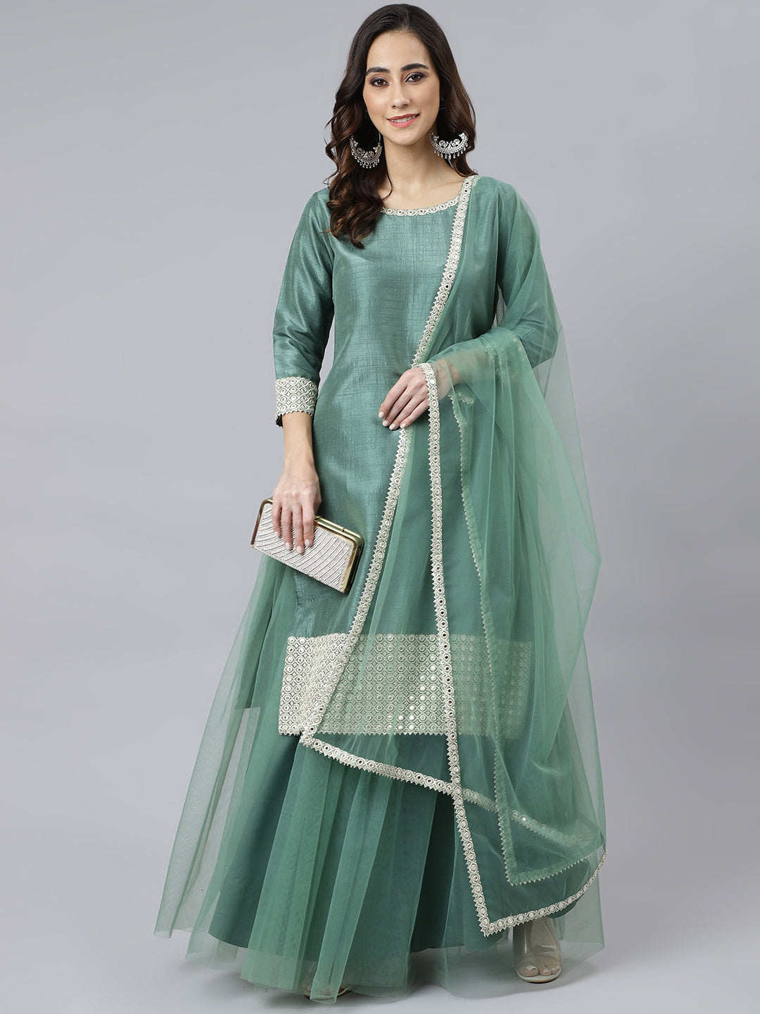 Women's Mint Green Solid Chinon  Kurta Set - Janasya