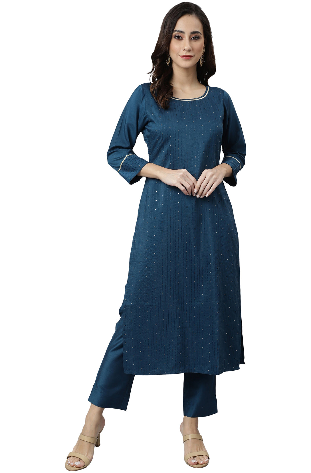 Women's Teal Poly Silk Embroidered Kurta With Pant - Manohara