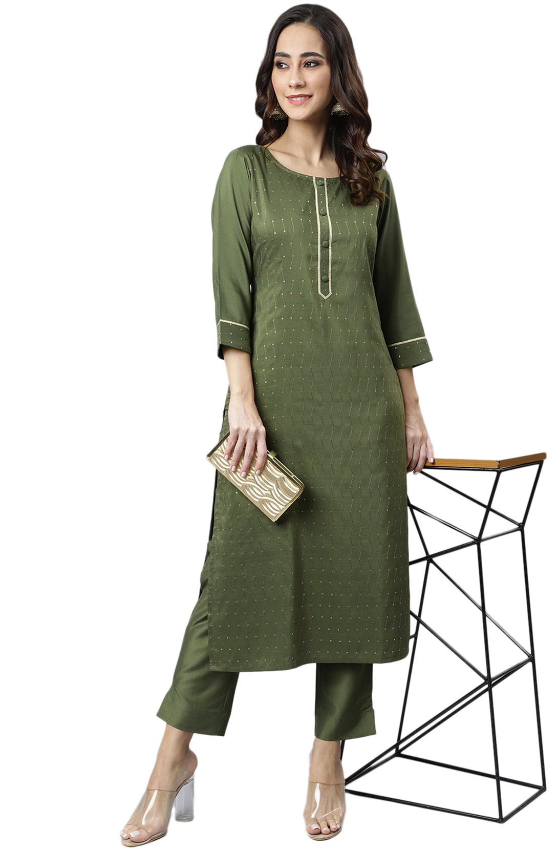 Women's Olive Poly Silk Sequined Kurta With Pant - Manohara