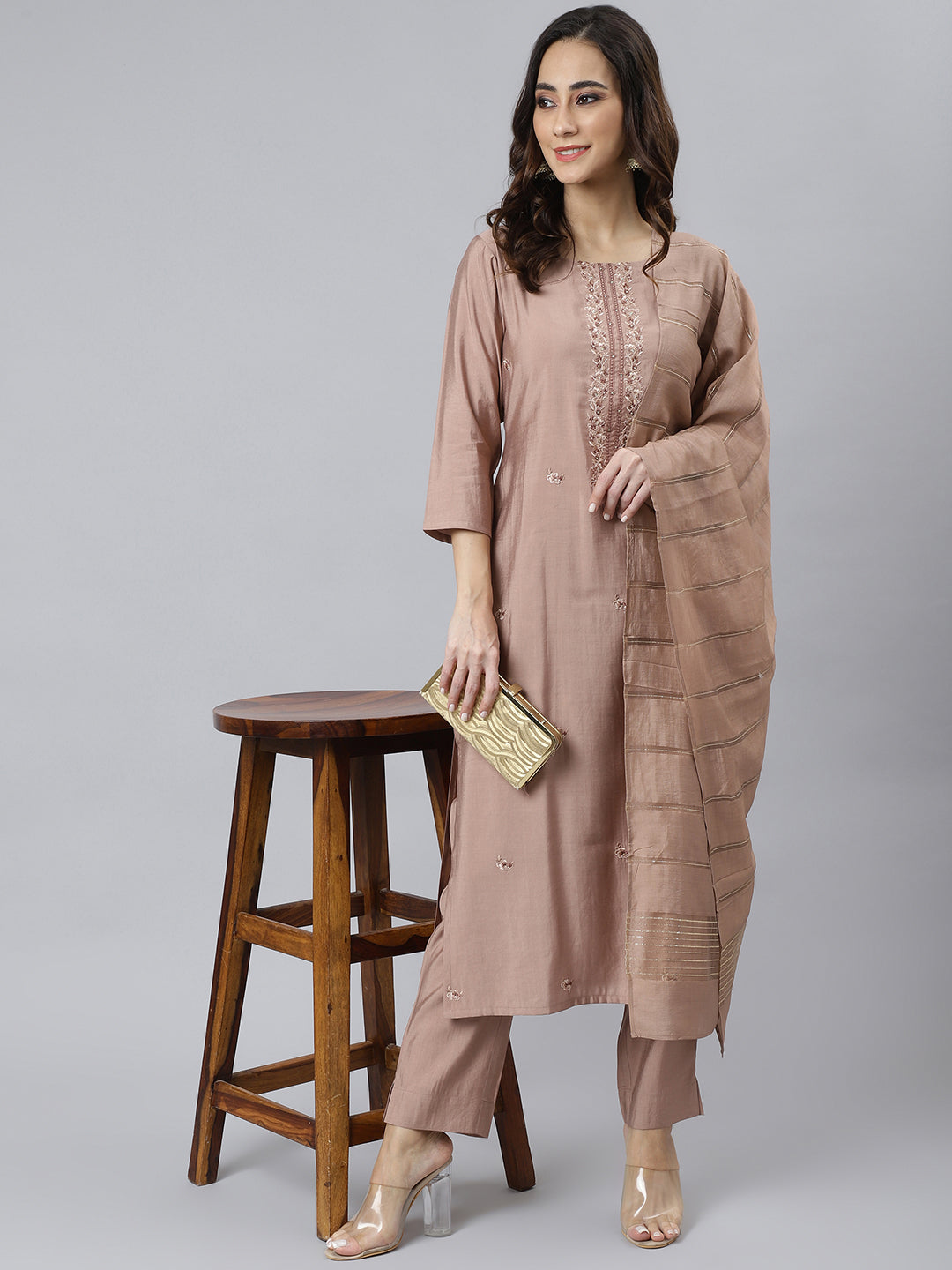 Women's Beige Poly Silk Thread Work Kurta With Palazzo - Janasya