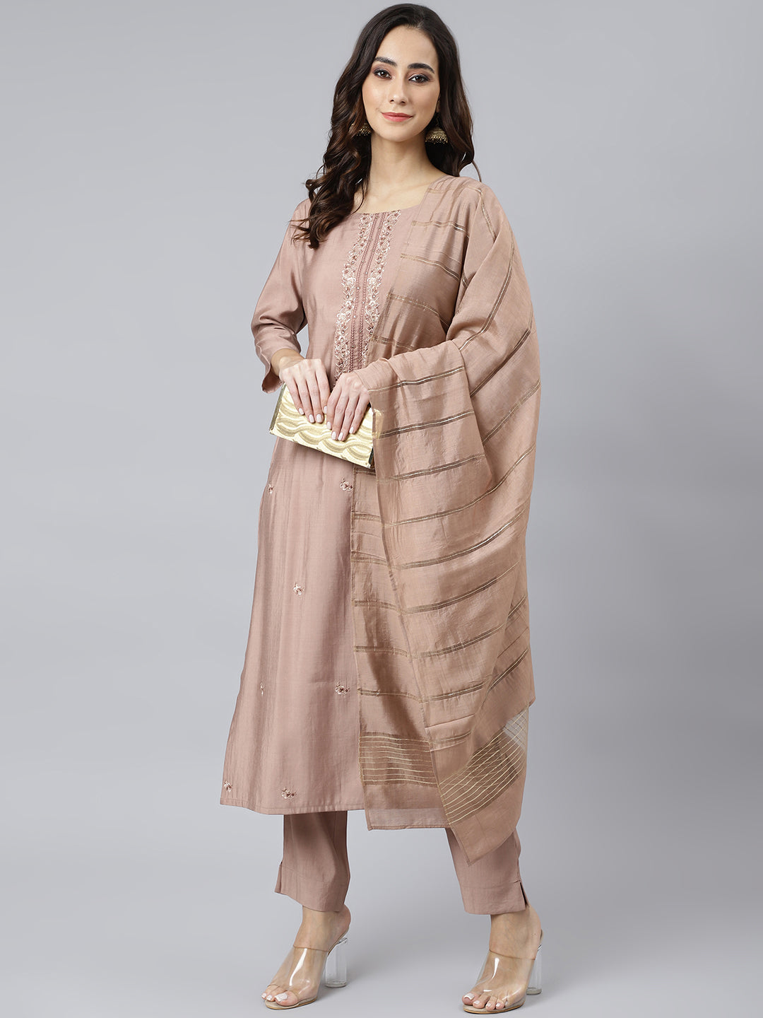 Women's Dusty Rose Embroidered Viscose Blend  Kurta Set - Janasya