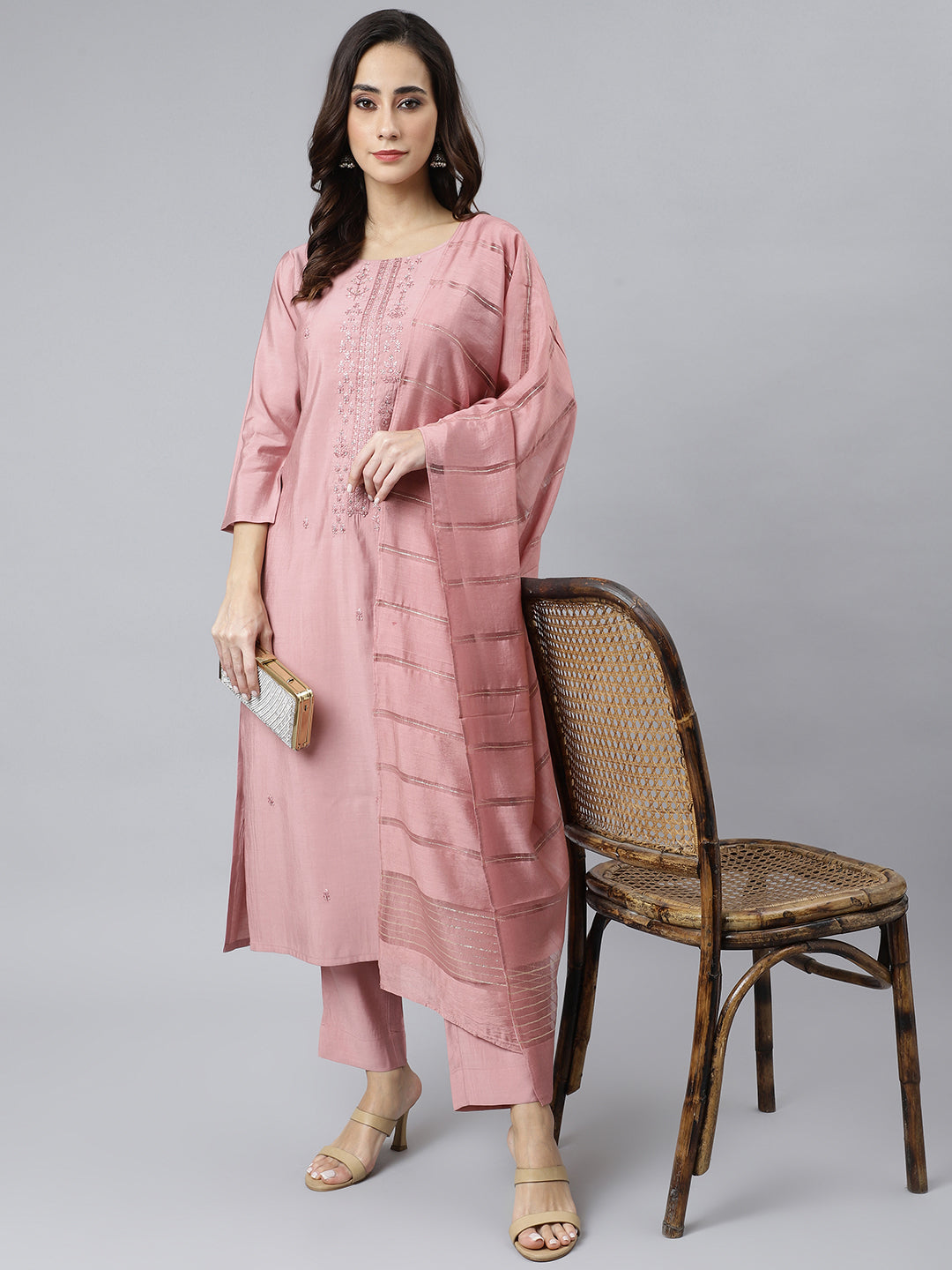 Women's Light Pink Embroidered Poly Silk  Kurta Set - Janasya