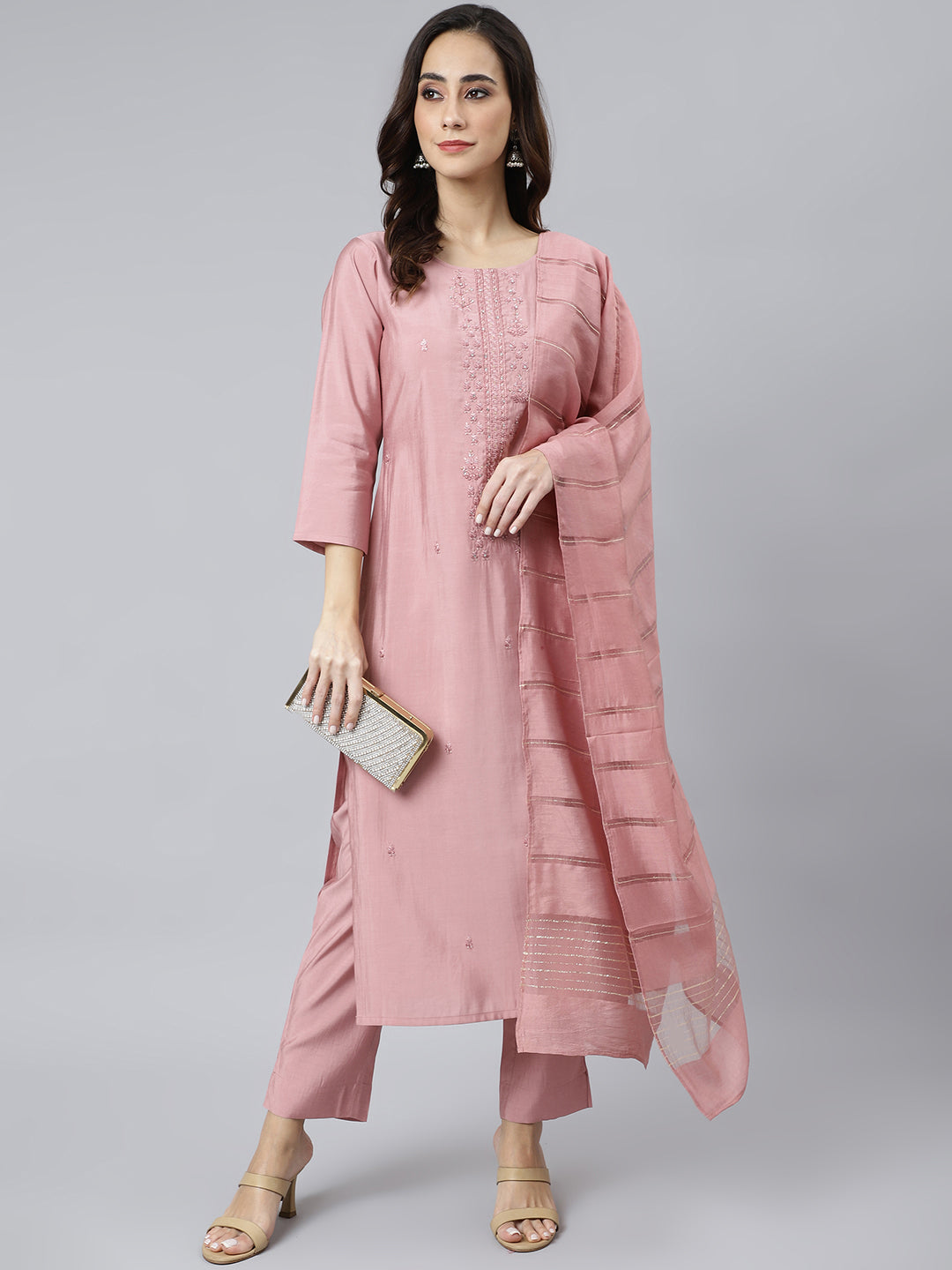 Women's Light Pink Poly Silk Thread Work Kurta With Palazzo - Janasya