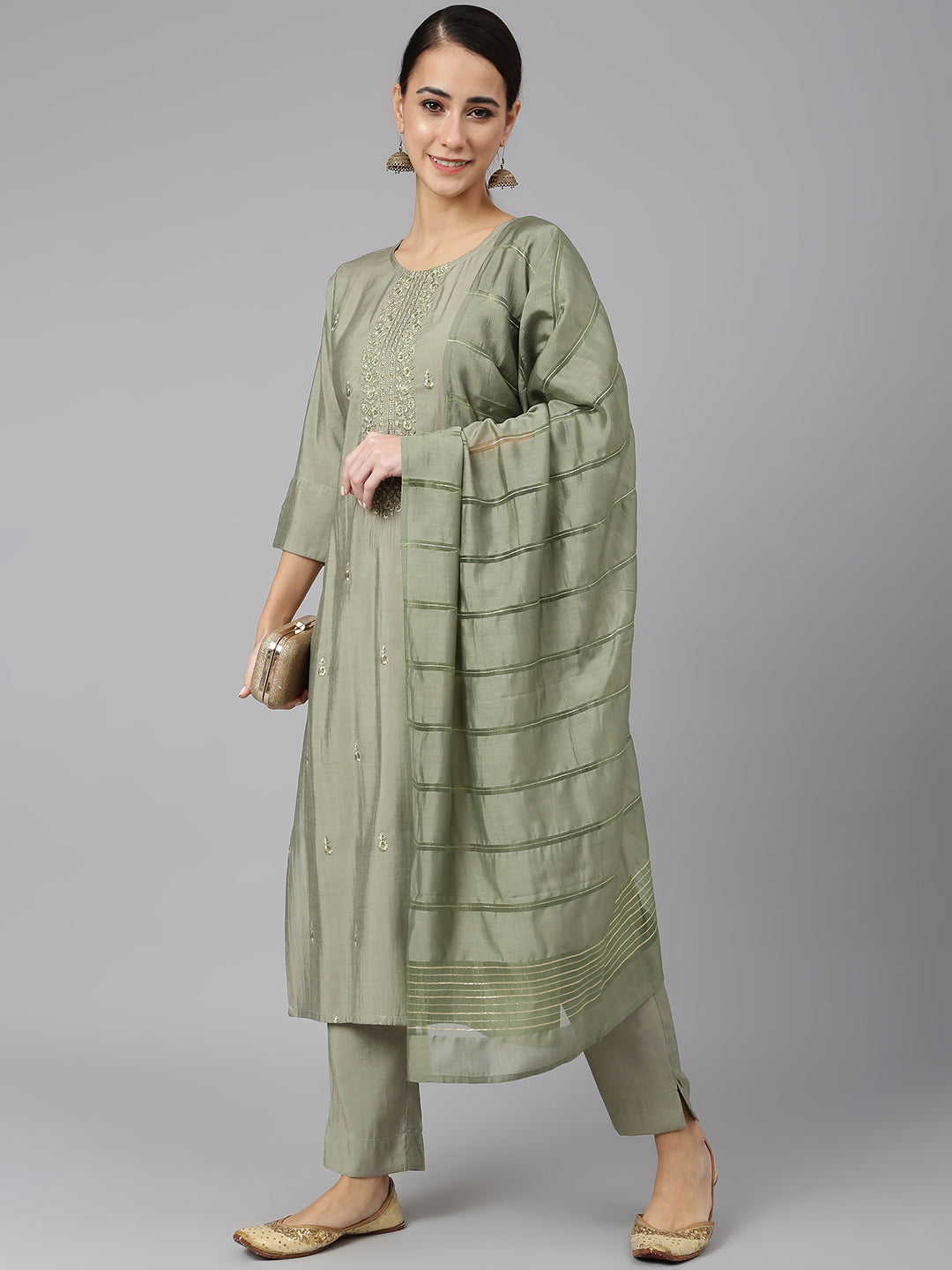 Women's Sage Green Embroidered Viscose Blend  Kurta Set - Janasya