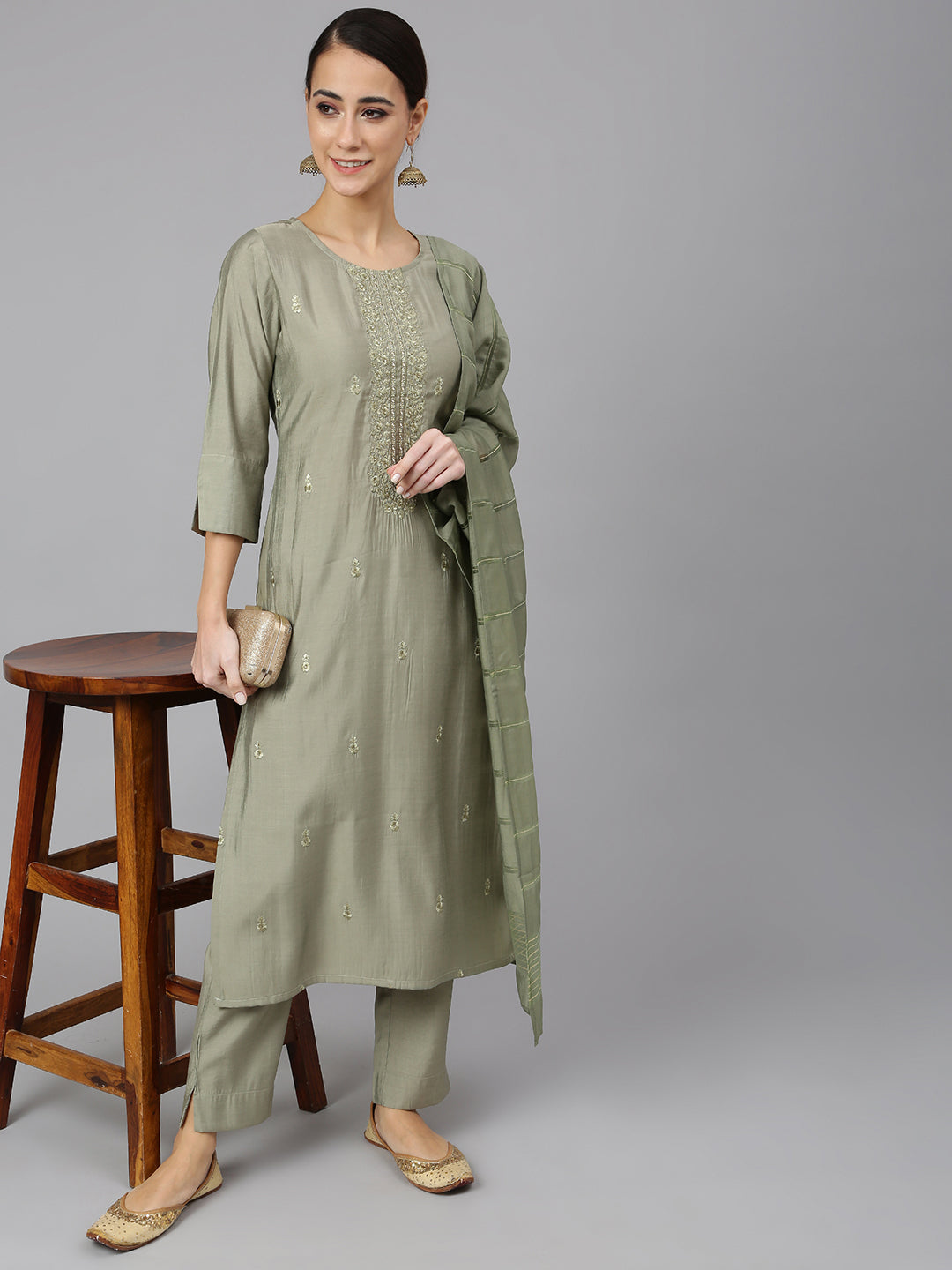 Women's Sea Green Poly Silk Thread Work Kurta With Pant And Dupatta - Janasya