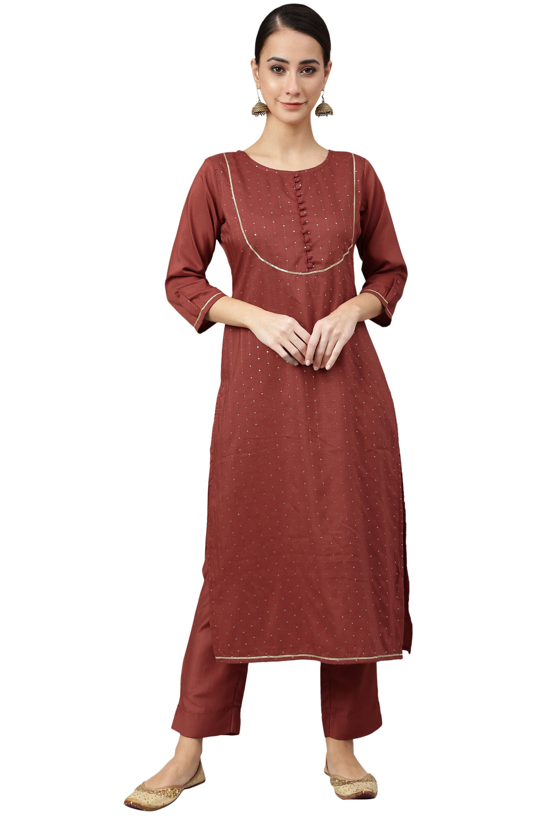 Women's Brown Poly Silk Sequined Kurta With Pant - Manohara