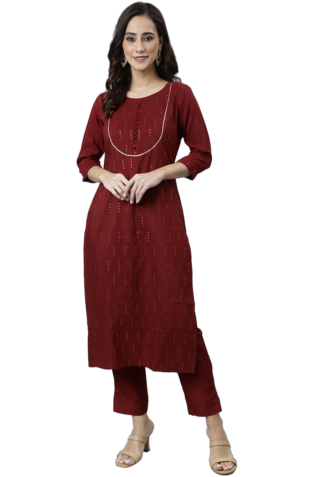 Women's Maroon Poly Silk Sequined Kurta With Pant - Manohara