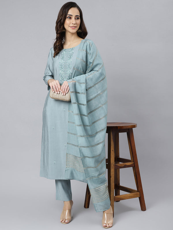 Women's Dusty Blue Embroidered Viscose Blend  Kurta Set - Janasya